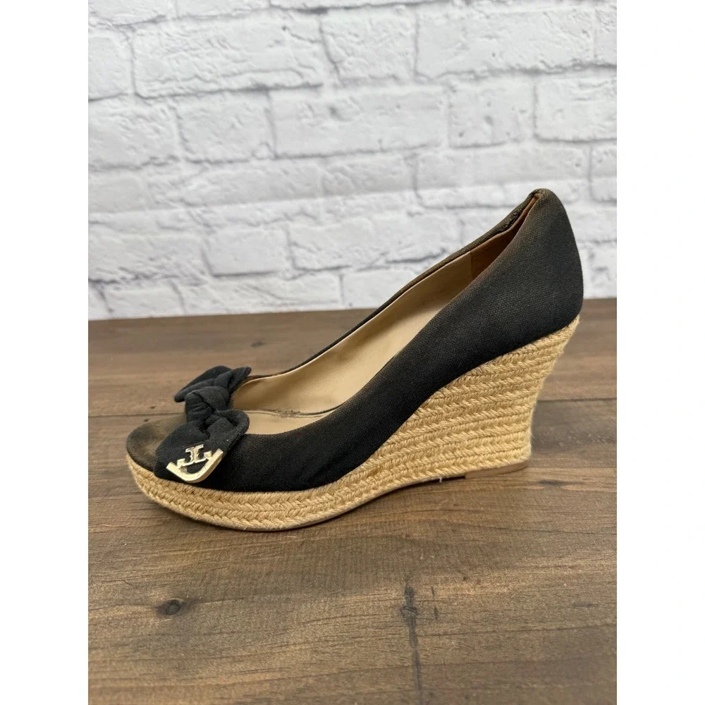 Tory Burch Black Canvas Bow Peep Toe Espadrille Wedge Sandals Womens 9.5